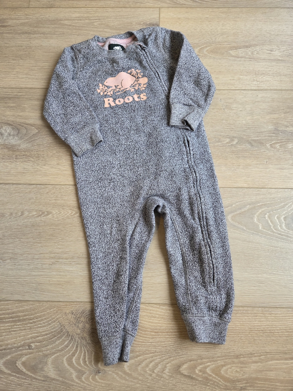 Roots Baby One-Piece in Heather Gray with Pink Logo